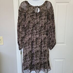 Max Studio Brown Purple Sheer Lined Chiffon Dress Balloon Sleeve Size Medium